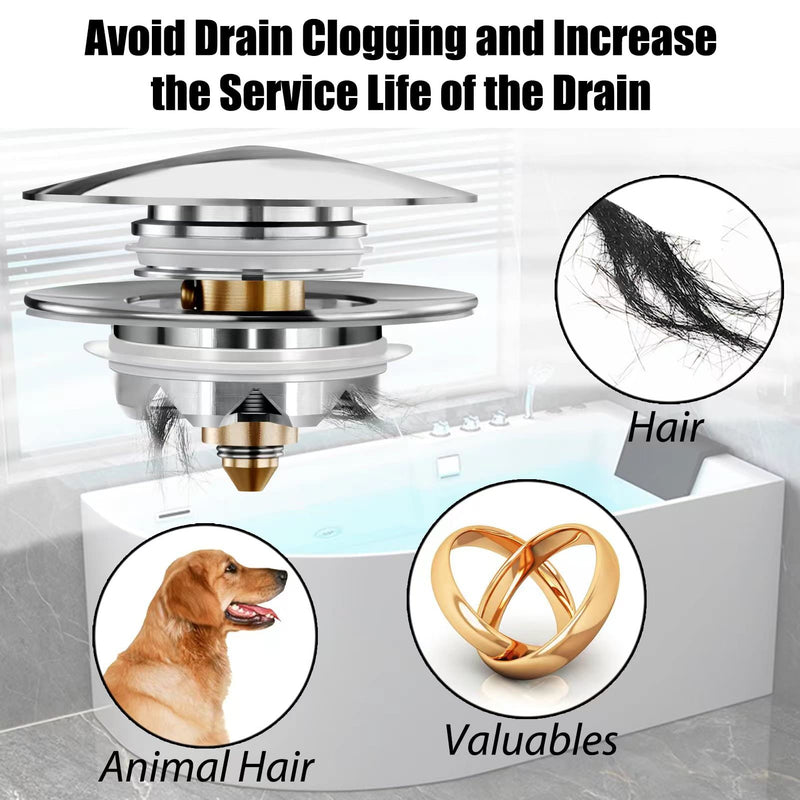 Universal Tub Stopper Bathtub Drain, Pop Up BathTub Drain Plug and Cover, Replaces Bath Tub Lift and Turn, Tip-Toe and Trip Lever, Easy to Install and Clean, All Brass Plating Process Silver Modern Style Tub Stopper