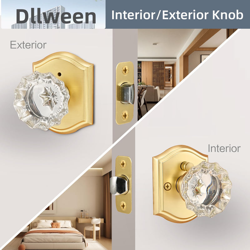 Glass Door Knob, Gold Crystal Door Knob Interior with Lock, Satin Brass Privacy Door Knob for Bedroom Bathroom, Brushed Gold
