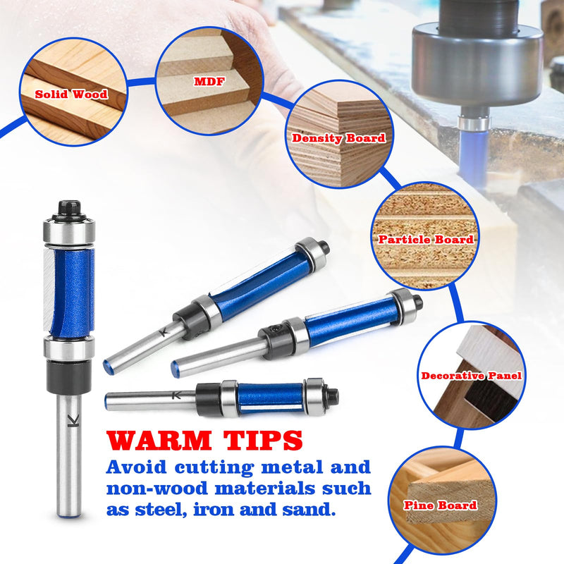 4Pcs Top and Bottom Bearing Flush Trim Router Bits Set 1/4 Inch Shank, Carbide Pattern Flush Trim Cut Router bit, 1/2 Inch Cutting Diameter, 3/4", 1", 1-1/4", 1-1/2" Inch Cutting Length 4Pcs Bits Set -1/4" Shank Top and Bottom Bearing Flush Trim Bits