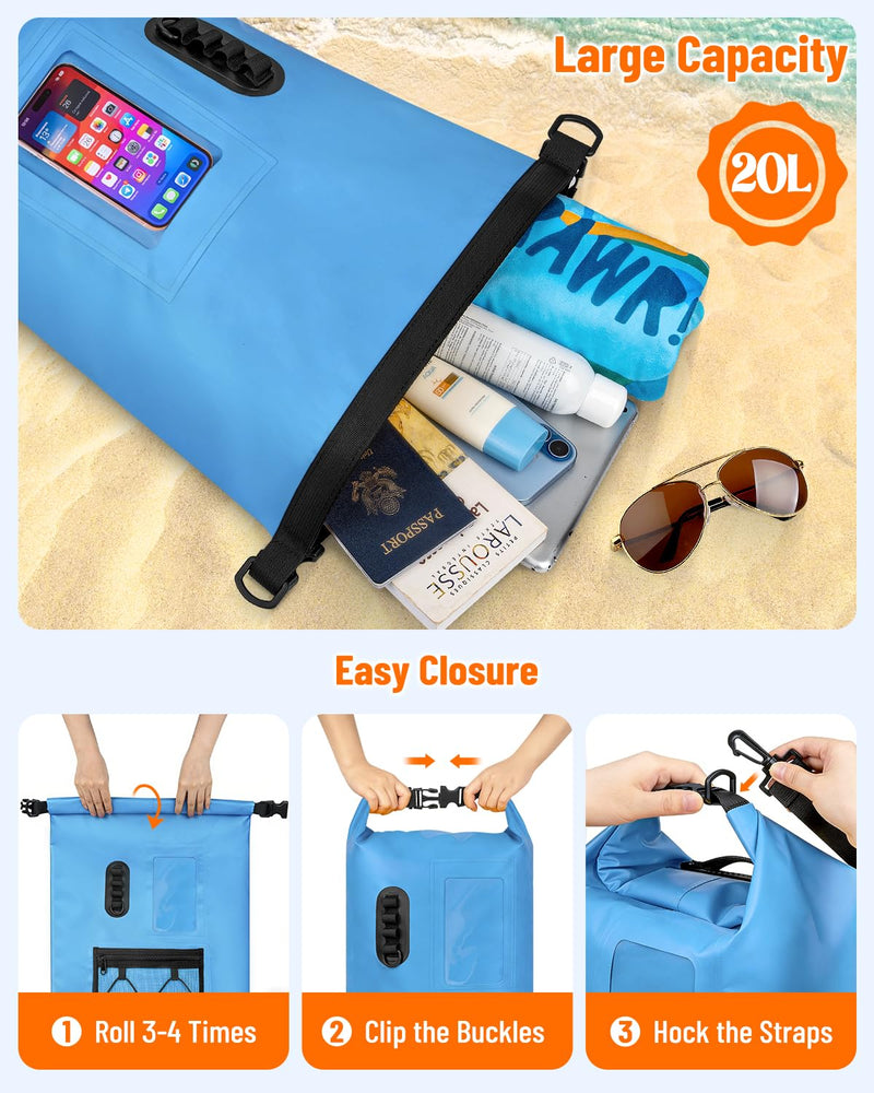 Waterproof Dry Bag, 20L/30L Roll Top Waterproof Backpack with Waterproof Phone Case, Heavy Duty Storage Bag for Women Men, for Travel, Kayaking, Boating, Rafting, Camping, Hiking & Beach Blue