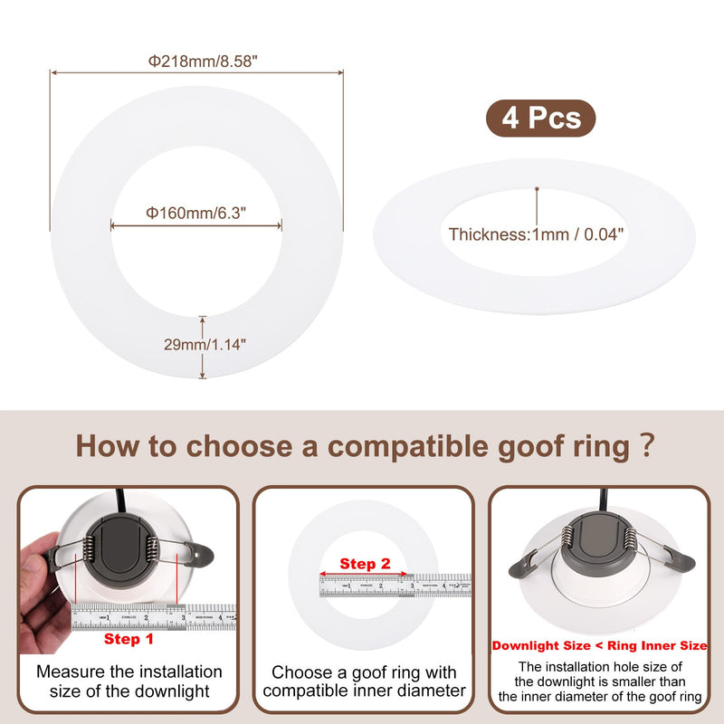 White Goof Trim Ring for 6 Inch Recessed Cans Downlights for Ceiling Light Fixtures, 4 Pack 6.3-Inch Inner Diameter, 8.6-Inch Outer Diameter, Steel Construction Fit 6 Inch White
