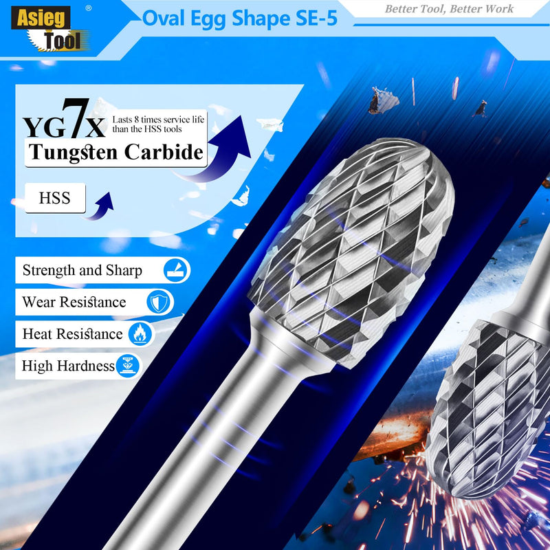 SE-5 Tungsten Carbide Burr Rotary File Oval Egg Shape Double Cut with 1/4''Shank for Die Grinder Drill Bit SE-5