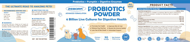 ZEBORA Probiotics for Dogs, Probiotic Powder with Pumpkin, Prebiotics & Digestive Enzymes, 6 Billion CFUs Dog Probiotics for Digestive Health, Gut & Immune Health, Chicken Flavor, 90 Scoops 9.52 Ounce (Pack of 1)