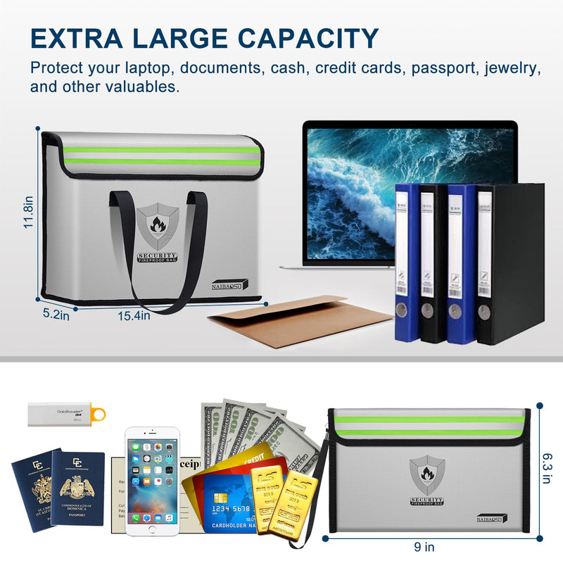 fireproof document pouch (16" x 12" x 5") silicone coated, combination lock office out bag, fireproof money pouch (8.75" x 6.0") for cash, coins, credit cards, passport and other valuables