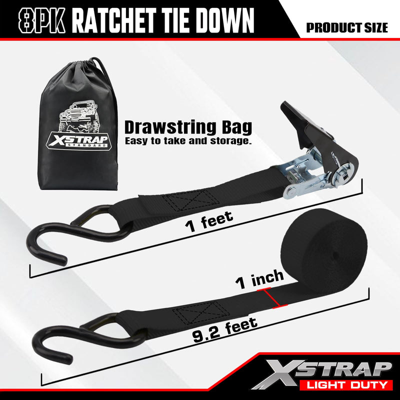 XSTRAP STANDARD Ratchet Tie Down Straps 8PK 1'' x 10 ft - 900 LB Break Strength Cargo Straps for Moving Appliances, Lawn Equipment, Motorcycle (Black) 8pk 1inchx10ft Black