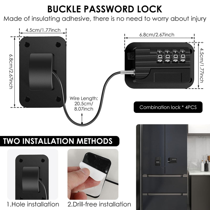 4 Pack Refrigerator Lock, Heavy Duty Refrigerator Locks Kit with Password, Drill-Free Childproof Cabinet Fridge Locks, Safety Freezer Combination Lock for Refrigerator Cabinets Drawers Window, Black Black - 4 Pack
