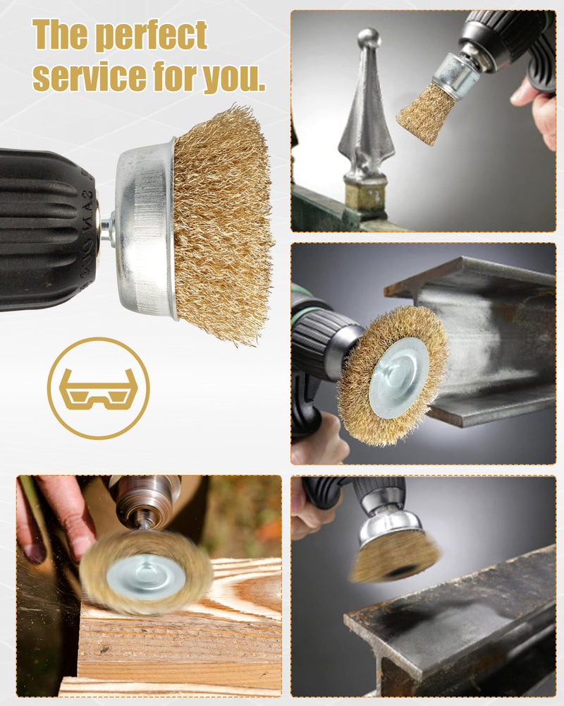 Wire Wheel Cup Brush Set, 7 Pcs Abrasive Brass Coated Wire Wheel Brushes, 1/4" Shank, Carbon Steel Bristles for Cleaning Rust, Paint, Abrasive