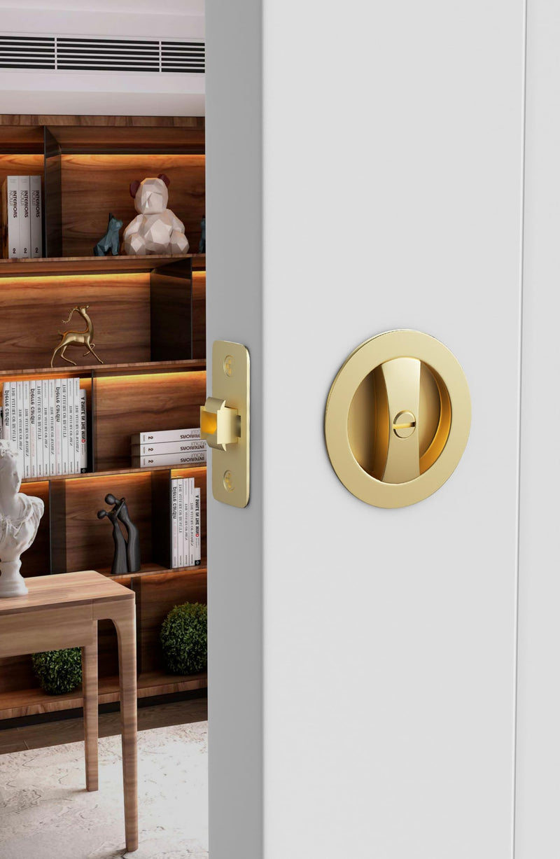 goldenwarm Brushed Gold Pocket Door Lock, Zinc Alloy Gold Pocket Door Hardware(2-3/8" Backset), Pocket Door Handles Round Pocket Door Locks for Bathroom for Closet Door Lock - 1 Pack