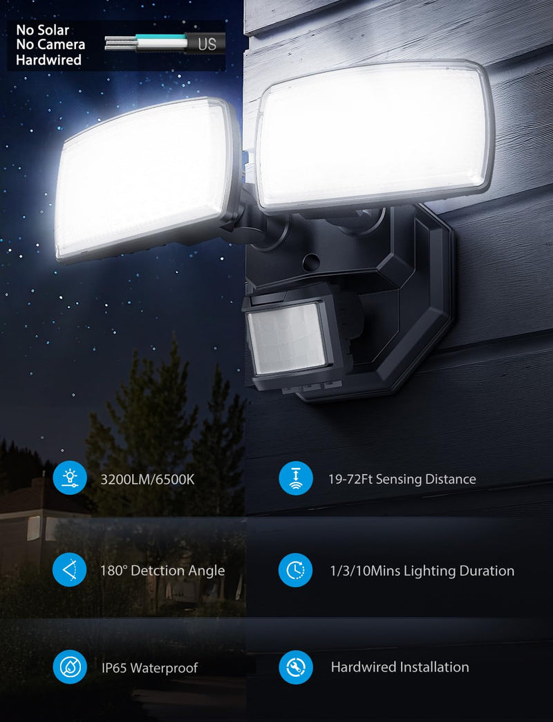 Onforu 32W 2 Head Motion Sensor Outdoor Lights, 3200LM 6500K LED Security Light Hardwired, Dusk to Dawn, Motion Detector Light for Outside, IP65 Waterproof Flood Lights for Garage, Yard(Black) Black 1
