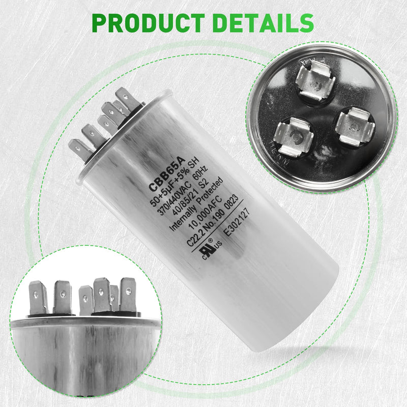 3313107.018 50+5uf+5%, 370/440VAC, 60Hz, 10,000AFC CBB65A Dual Run Circular Start 3100248.487 Capacitor for United States Standard AC Motors, Replace 27L601 and 3100248.487