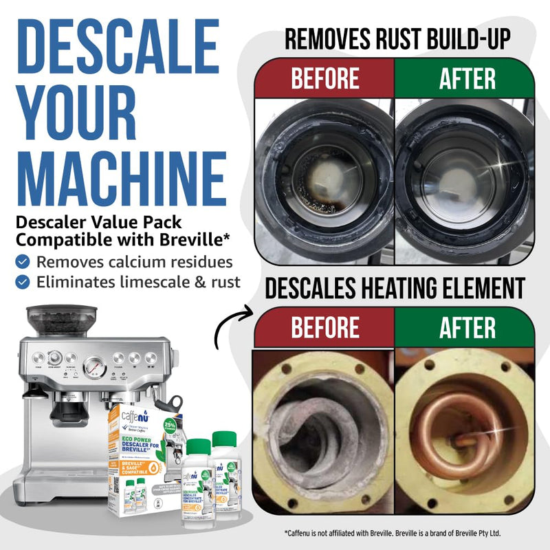 Breville Compatible Descaling Solution. 2 Bottles of Descaler Solution. Descaling Kit Removes Limescale For Hotter Coffee. 4 Uses Descaler For Breville Coffee Machines. 6.75 Fl Oz (Pack of 2)