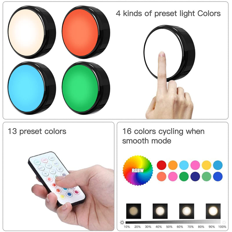 HELPLEX Puck Lights with Remote, Colors Changeable LED Puck Light Battery Powered Dimmable Under Cabinet Lights Wireless Under Counter Light RGBW Push Light, Timing & Memory Function, Black, 6 Pack BLACK - 6 PACK NO Battery