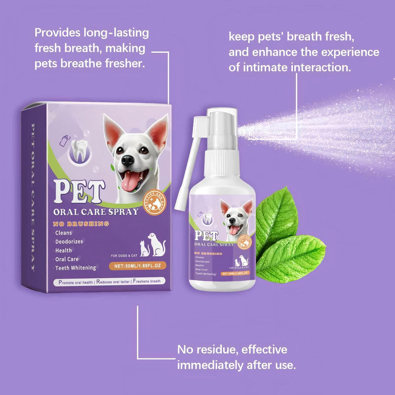 Dog Dental Care Spray, Dogs Teeth Oral Care Cleaning Spray, Breath Freshener and Teeth Cleaning, Reduce Tartar Freshen Breath, Support Clean and Teethes Aid in Daily Oral Use, No Brushing 50 ml