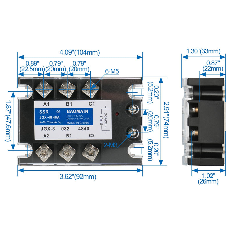 Baomain 3 Phase Solid State Relay JGX-3340A 4-32 VDC Input 480VAC 40 Amp Output DC/AC