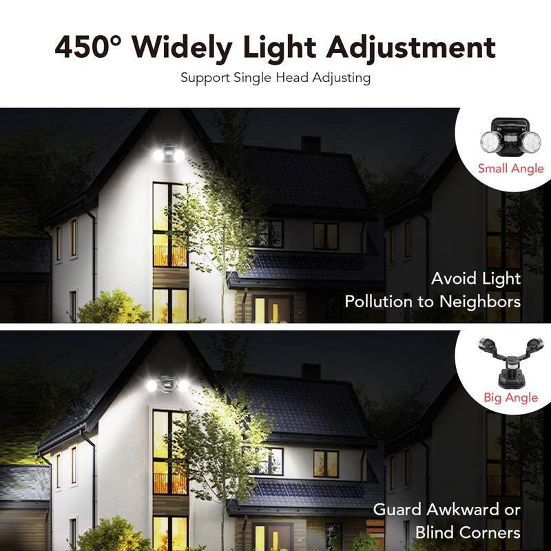 OREiN Motion Sensor Outdoor Lights, 450° Superwide Adjustment Dusk to Dawn Flood Lights Outdoor, 5000K 150W Equiv 3Modes Motion Lights for Outside LED Security Lights, IP65, Black (Hardwired) 2 Heads