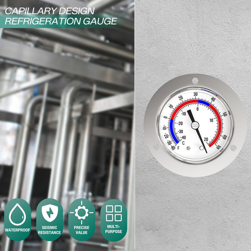 2PCS -40 to 65 ℉ / -40 to 20℃ Capillary Design Refrigeration Thermometer, Stainless Steel Flanged Panel Mount, 2" Dial Size, 48" Capillary Length, Cold Storage, Display Cabinet, Freezer