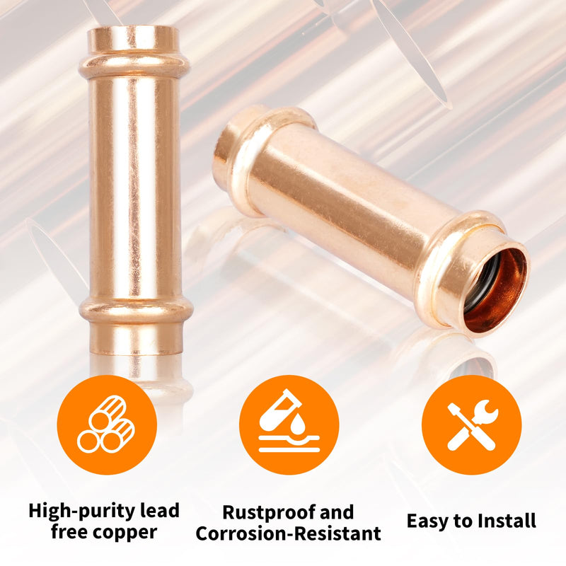 (Znkiok 5 Pack)3/4" Press Copper Fittings Zero Lead, 3/4 Inch Press Extended Coupling No Stop For Copper Tube Connection,UPC,NSF/ANSI61 Certified. 3/4"Press Extended Coupling NO Stop-5Pack