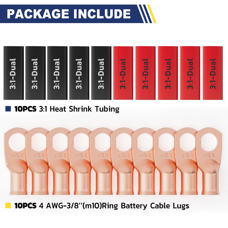 haisstronica 10pcs 4 AWG - 3/8" (M10) Battery Cable Lugs, Heavy Duty Copper Wire Lugs with 10pcs 3:1 Adhesive Heat Shrink Tubing, 4 Gauge Wire Connectors Battery Terminal Connector, Battery Cable Ends 4 AWG- 3/8" (M10) Ring Bare Copper