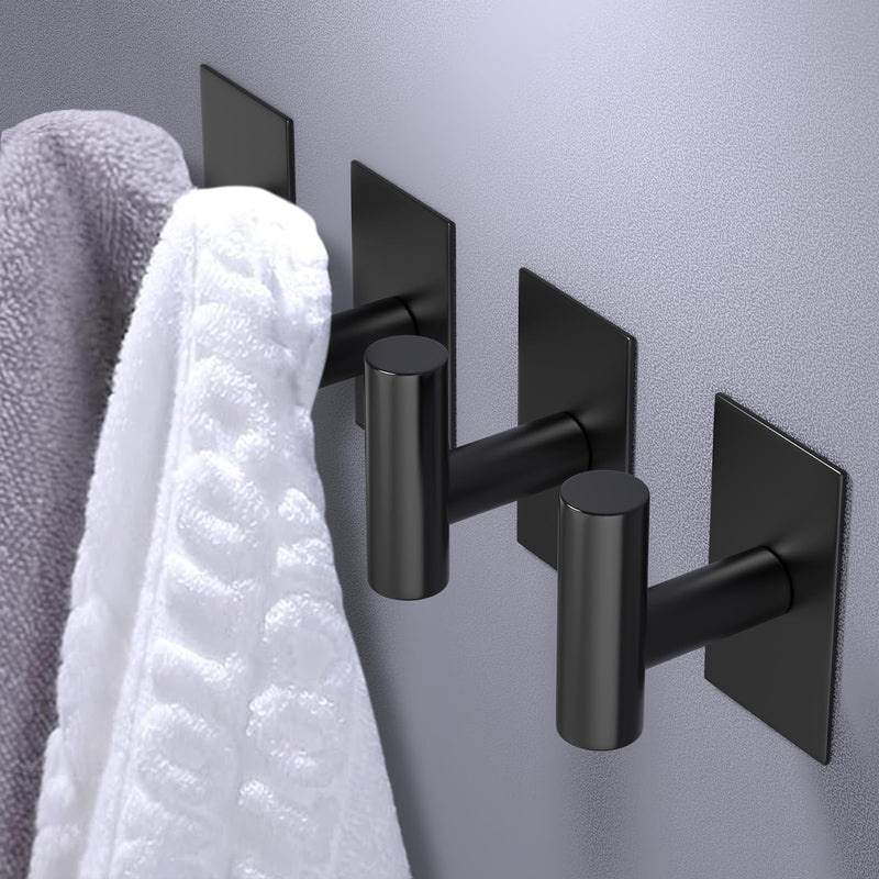 VAEHOLD Wall Towel Hooks, Heavy Duty Sticky Holder Waterproof Towel Hooks for Hanging Coat, Clothes, Closet Hook Wall Mount for Kitchen (Black, Adhesive 4 Pack) Black