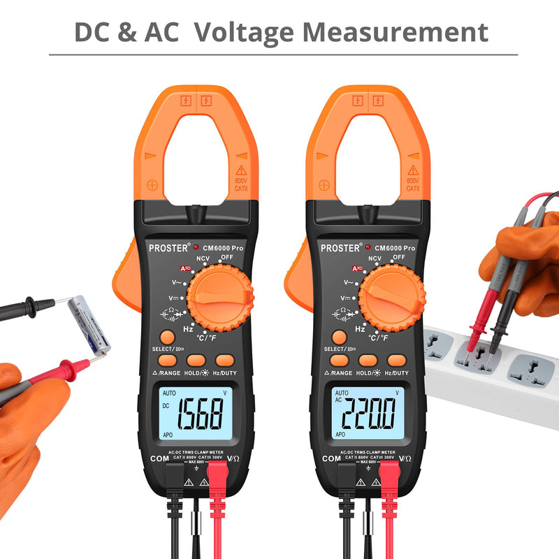 Proster Digital Clamp Meter 6000 Count - 800A DC AC Current AC/DC Voltage Multimter, TRMS NCV Continuity Capacitance Resistance Frequency Diode Hz Tester, with Test Leads, Alligator Clips Black 6000Counts