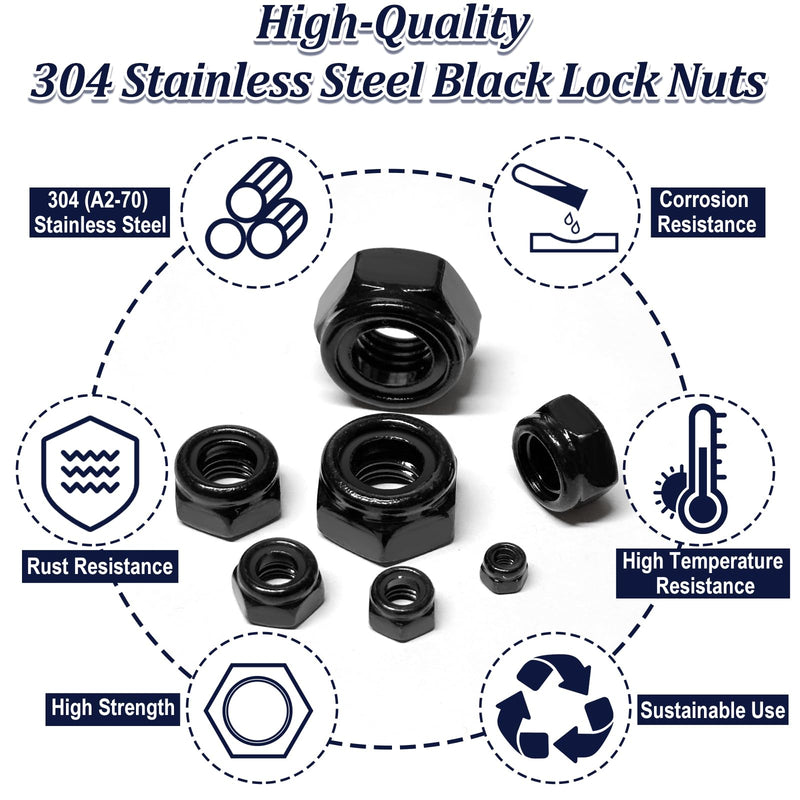 ZQZ 180 Pack Black Locknuts Assortment Kit, M3 M4 M5 M6 M8 M10 M12 Metric Black Nylon Insert Lock Nuts Set, 304 Stainless Steel Standard Threaded Black Nylock Nuts 180 Pack;Metric Locknuts