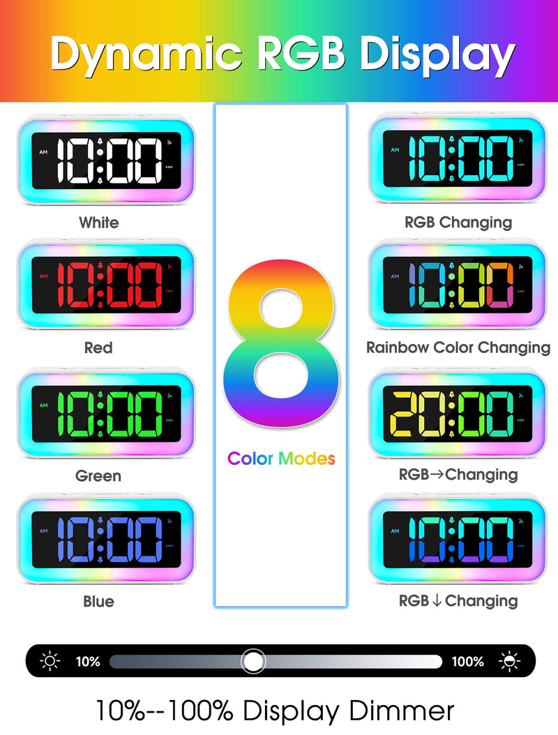 Cadmos Loud Alarm Clock for Bedrooms with Dynamic RGB Night Light,Heavy Sleepers Adults,Dual Alarm,Dimmer,USB Charger,Small Bedside Digital Clock with Led Display for Kids,Teens,Seniors (White) White
