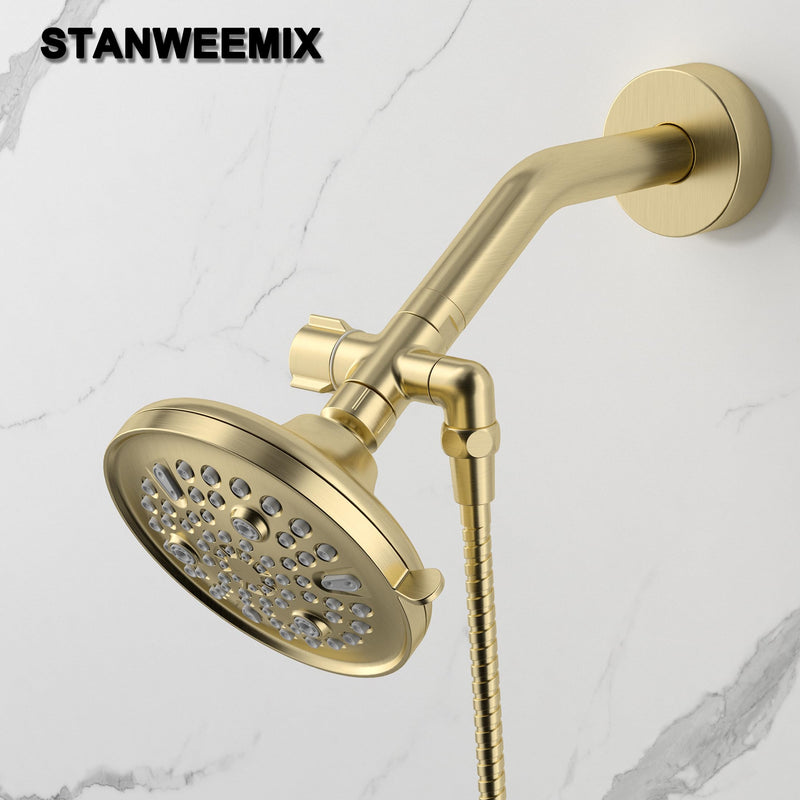 Solid Brass 3-Way Shower Arm Diverter Valve for Handheld Shower Head and Fixed Spray Head, G1/2 Universal Bathroom System Component Replacement Part (Brushed Gold) Brushed Gold