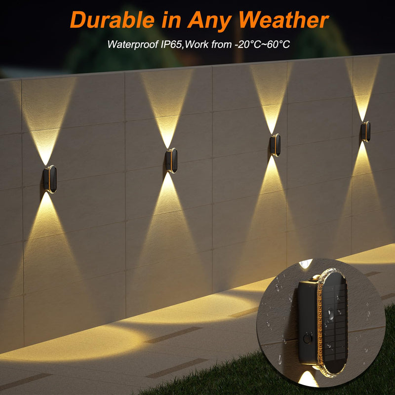 Ellasay Solar Fence Lights Outdoor,6-Pack Solar Powered Wall Lights Up and Down Waterproof IP65,3 Color Brighter LED Focus Lens SolarLights Dusk to Dawn 12h for Patio,Backyard,Porch,Railing 3000/4000/6000K 6 Pack