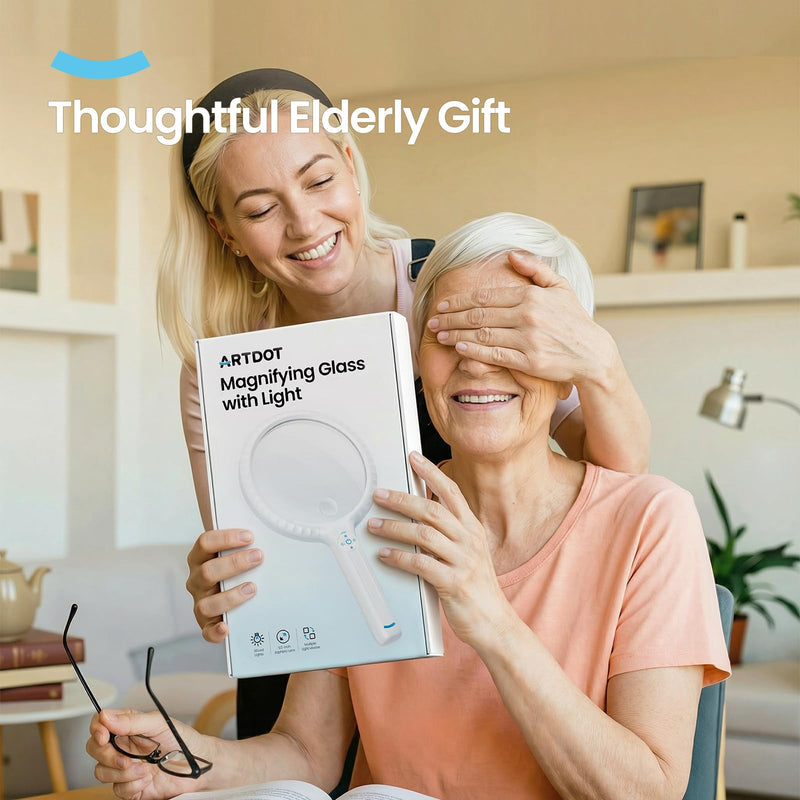 ARTDOT Large Handheld Magnifying Glass for Reading and Close Work, Adjustable Brightness Magnifier as Gifts for Seniors, Grandma, Grandpa