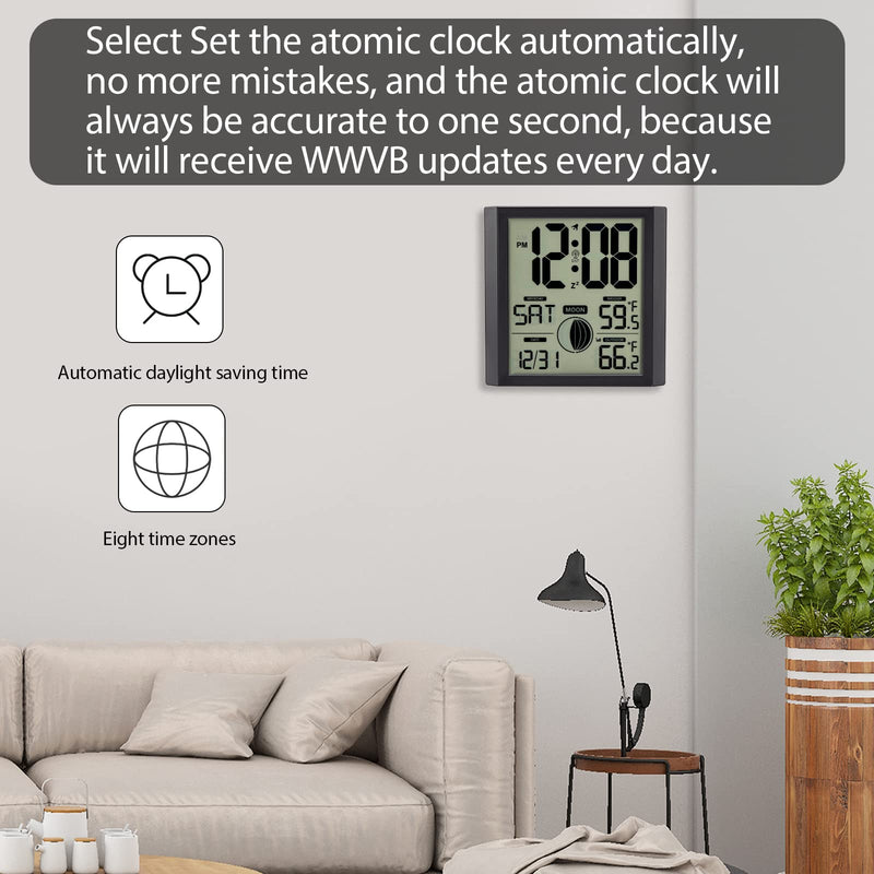 Atomic Wall Clock with Indoor/outdoor Temp Large Number Display Silent Battery Operated Alarm Analog Digital Clocks for Bedroom Dementia Seniors Desk Living Room Office Bathroom Kitchen Shower Black