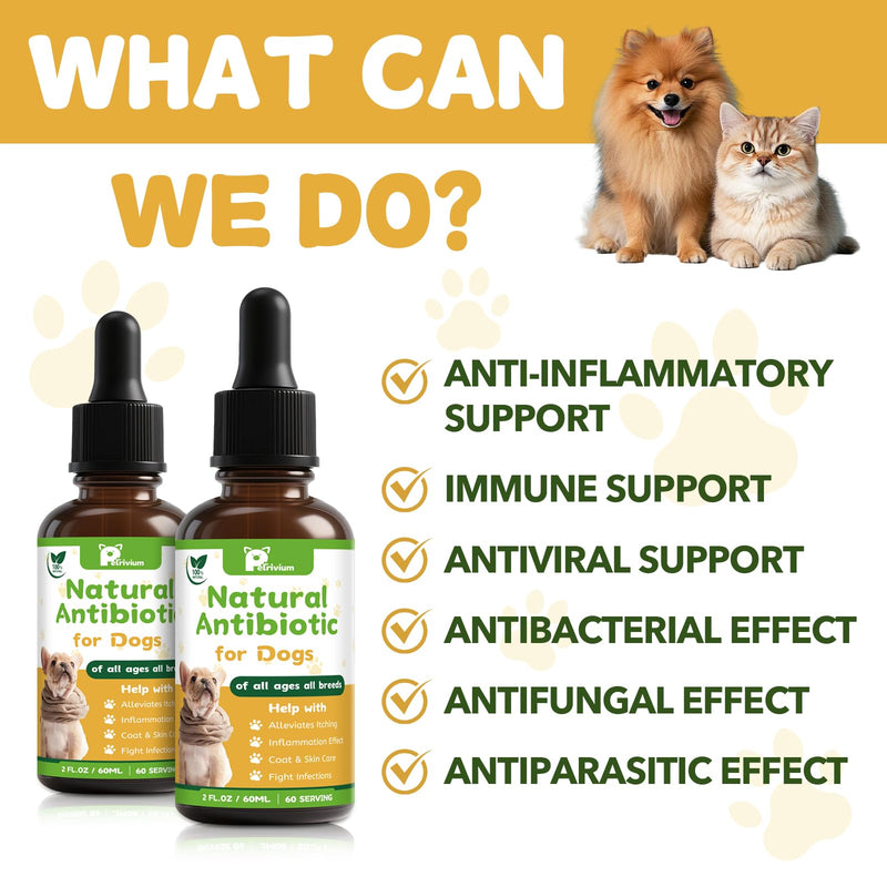 Dogs Antibiotics for Infection Coughs, UTIs, Allergies, Itching - Natural Antibiotics Supplement Drops for Cats to Support Digestion and Urination | Skin & Coat | All Breeds & Ages | 2 Oz