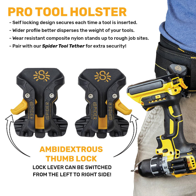 Spider Pro Tool Holster Bundle - 1 Pro Tool Holster + 2 Pro Tool Grip + 2 Pro Tool Tabs + 2 Drill Pins + 1 BitGripper + 1 Magnetic BitGripper - Compatible with All Major Brands