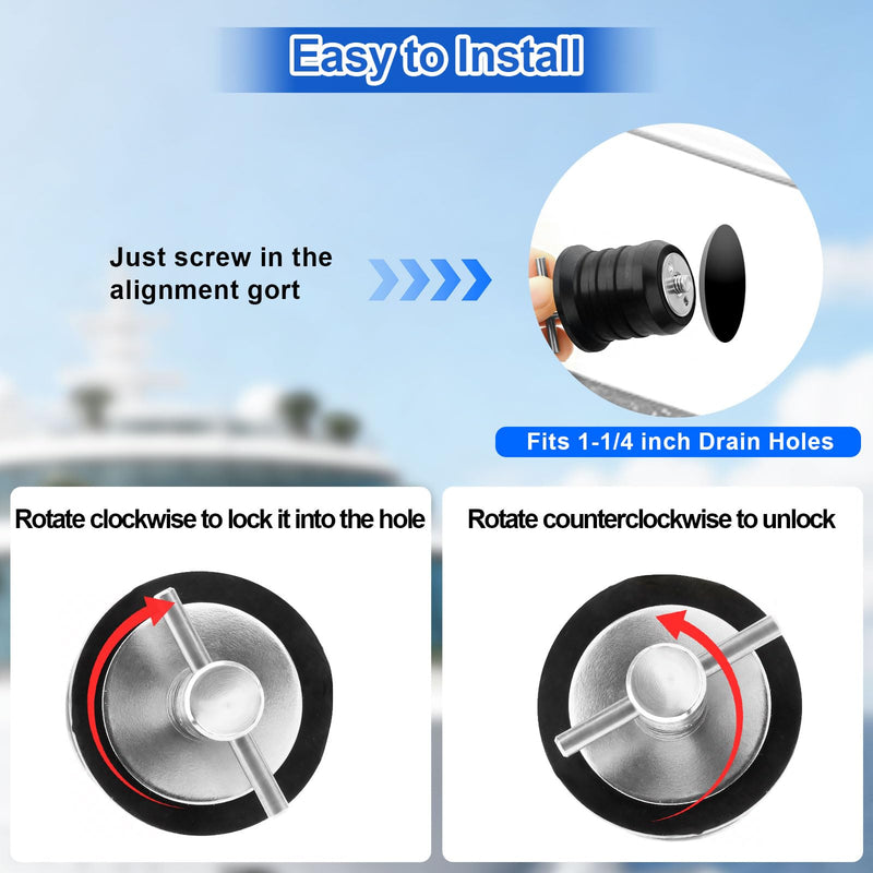 Linkstyle 4PCS Boat Drain Plugs for 1-1/4 Inch Drain Holes, Stainless Steel T-Handle Drain Plug, Twist-Turn Leak-Proof Rubber Plug for Boats, Yachts, Kayaks Silver