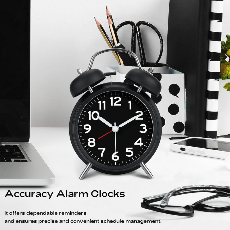 AKCISOT Loud Alarm Clock for Heavy Deep Sleepers, 4.5 Inches Analog Metal Twin Bell Clocks Battery Operated with Backlight for Bedroom Bseide, Old Fashioned for Desk Home Decoration (Black) B_black 4.5 Inch