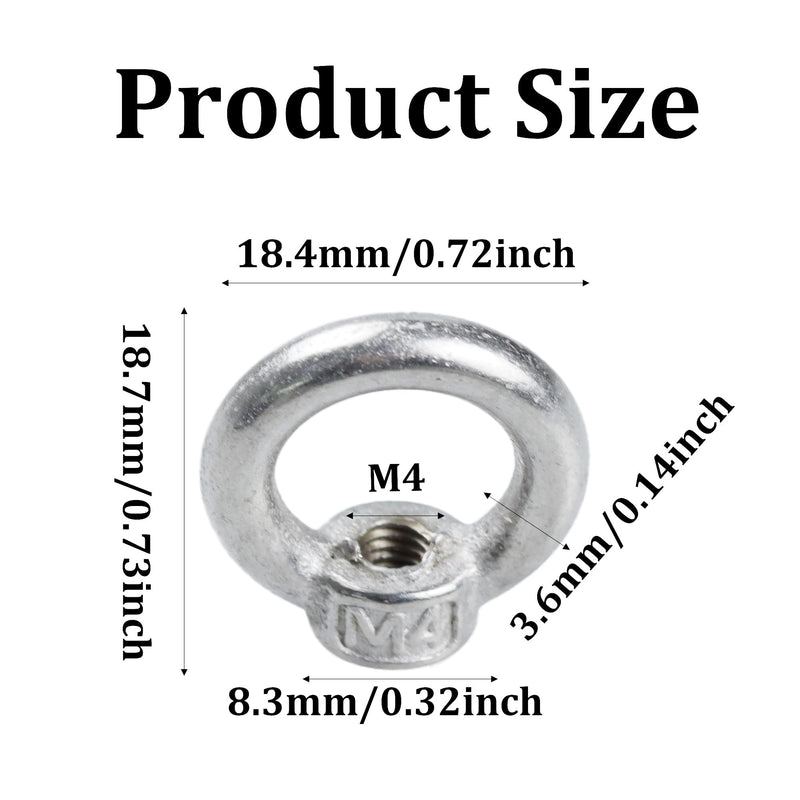 10PCS M4 Lifting Eye Nuts, Stainless Steel Female Threaded Fastener, Ring Shaped Eye Bolts for Marine, Construction