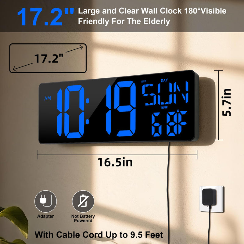 Large Digital Wall Clock with Remote Control 17.2" LED Large Display Timer with Temperature Date Week Auto DST Adjustable Brightness, Big Wall Alarm Clock for Living Room Office Garage Gym Seniors 17.2in Blue