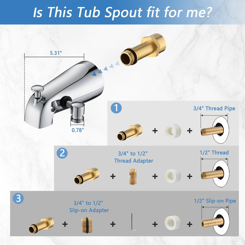 All Metal Tub Spout with Diverter Chrome, Fits 1/2” or 3/4" Threaded Pipes, Bathtub Faucet with Shower Diverter for Convenient Water Control Without Handheld