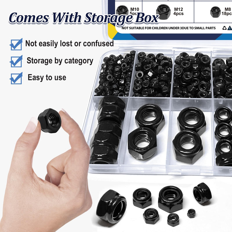 ZQZ 180 Pack Black Locknuts Assortment Kit, M3 M4 M5 M6 M8 M10 M12 Metric Black Nylon Insert Lock Nuts Set, 304 Stainless Steel Standard Threaded Black Nylock Nuts 180 Pack;Metric Locknuts