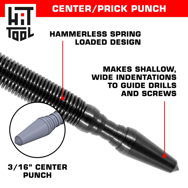 HIT Tool Hammerless Spring Punch Pro Pack: 1)1/32"&1/16",1-3/32" &1/8" Dual head nail setter, 1)Dual head prick & centre 1)HSS prick, 1)Dual Head Door hinge pin remover/hammer & Pouch Pro Spring Punch Kit