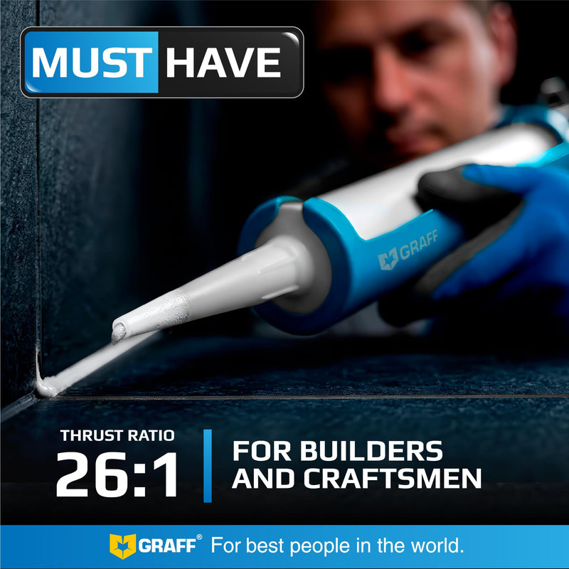 Professional Heavy-Duty Caulking Gun 26:1 Thrust Ratio, Triple Push Rod Dripless Silicone Caulk Gun with Metal Handle, Adjustable Trigger, Fits 5–10 oz Cartridges for Silicone Acrylic & Sealants GRAFF