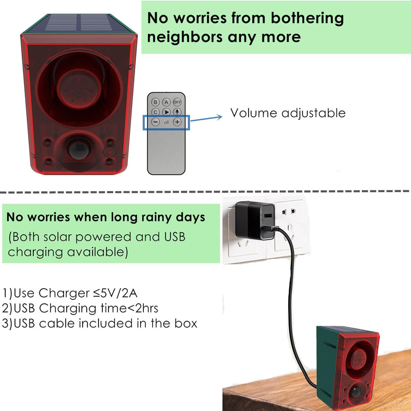 HULPPRE 2pack Solar Outdoor Motion Sensor Alarm-Dog Barking or Gunshot Sound,Support Recording&±Volume,130db Loud Noise Maker,3 Work Modes Strobe Light with USB,Say Goodbye to The Intruders