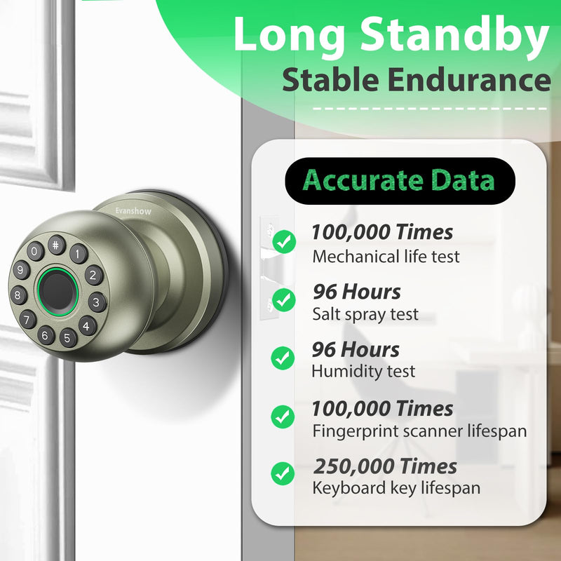 Smart Door Knob Fingerprint Door Lock 4-in-1 Keyless Entry (Fingerprint/App/Code/Key) with Auto-Lock Easy Install for Home/Bedroom/Office-Silver Silver