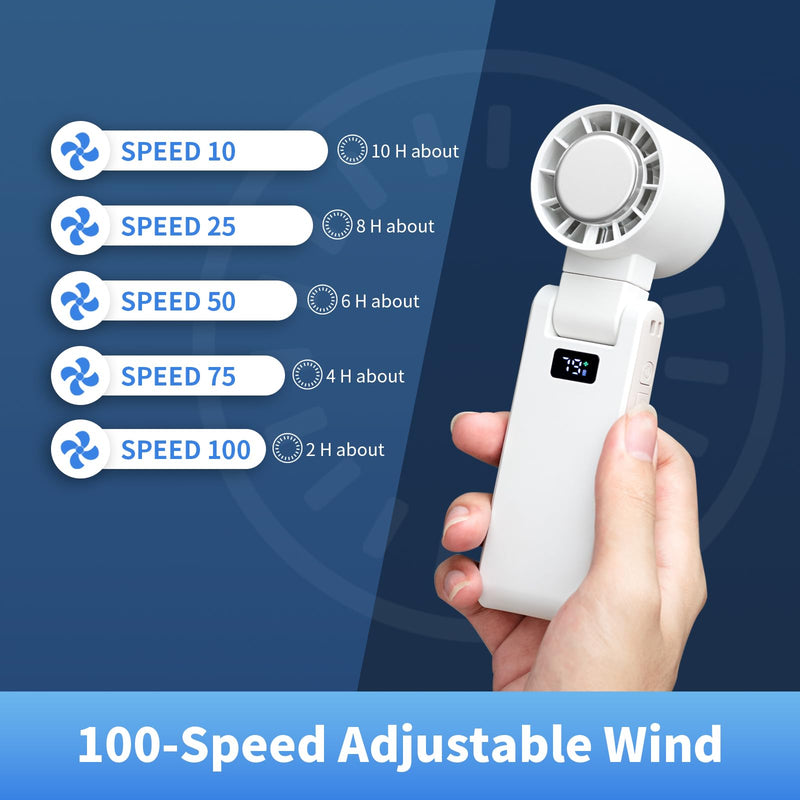 OTPEIR Portable Handheld Turbo Fan with Cooling Tech, Digital Display, 100-Speed Control, Rechargeable 4-in-1 Personal Fan for Travel, Outdoor, Office (White) White
