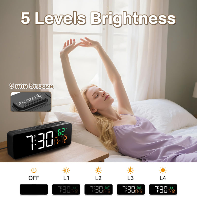 Netzu 3-in-1 Digital Clocks for Living Room with Temperature, Date & Time Display - 4 Levels Birghtness, 3 Volumes, Small & Compact Plug-in Alarm Clock for Bedroom, Office (Black) Black