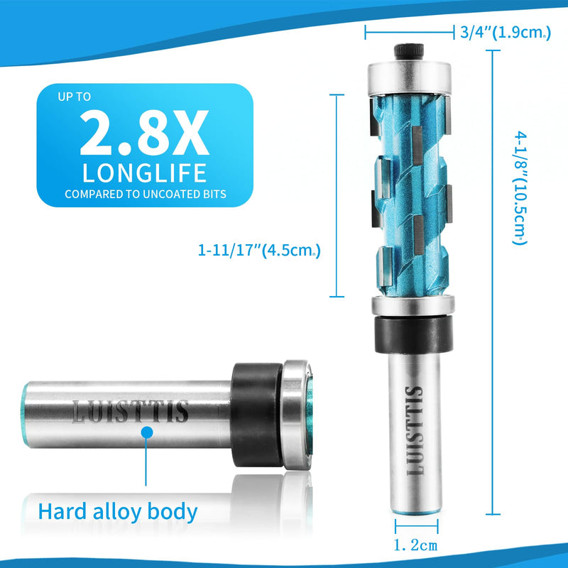 Flush Trim Router Bit, Router Bits 12mm Shank Double Bearing Spiral Trimmer Template Router Bit for Woodworking Trimming(4-1/8")