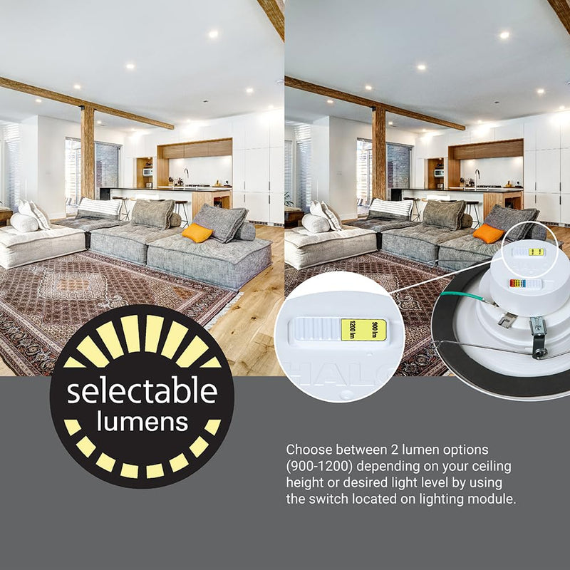 HALO RL Series 5/6 inch Recessed LED Light – Retrofit Ceiling & Shower Downlight, Selectable CCT and Selectable Lumens, Dim to Warm, Matte White Retrofit Baffle Trim, 900/1200 Lumens 900/1200 Selectable Lumens
