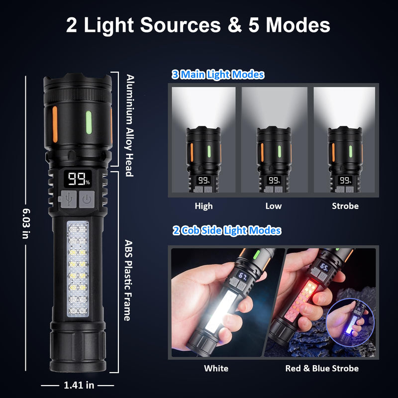 Flashlights High Lumens Rechargeable 3 Packs, 900,000L Handheld Tactical Led Flashlight High Powered with 5 Light Modes, Cob Side Light, USB C, Zoomable, Super Bright Flash light for Emergency Medium -3pcs