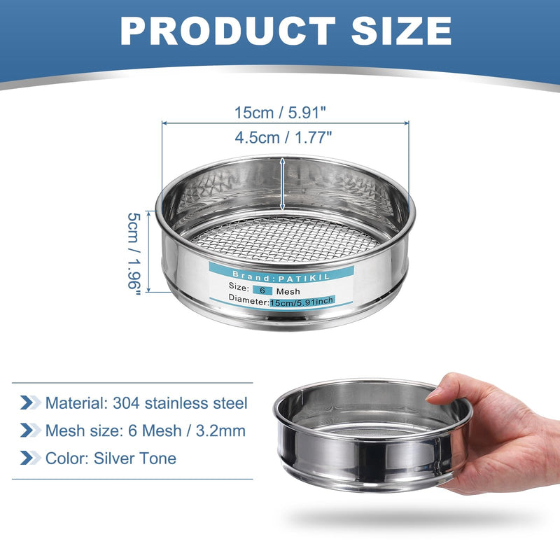 PATIKIL 6 Mesh(3.2mm) Lab Sieve, 5.9"(15cm) Diameter Sifting Screen 304 Stainless Steel Wire Cloth Fine Mesh Sieve for Industrial Laboratory Home Soil Sifter Dry Sift Screens Hash 6 Mesh(3.2mm)