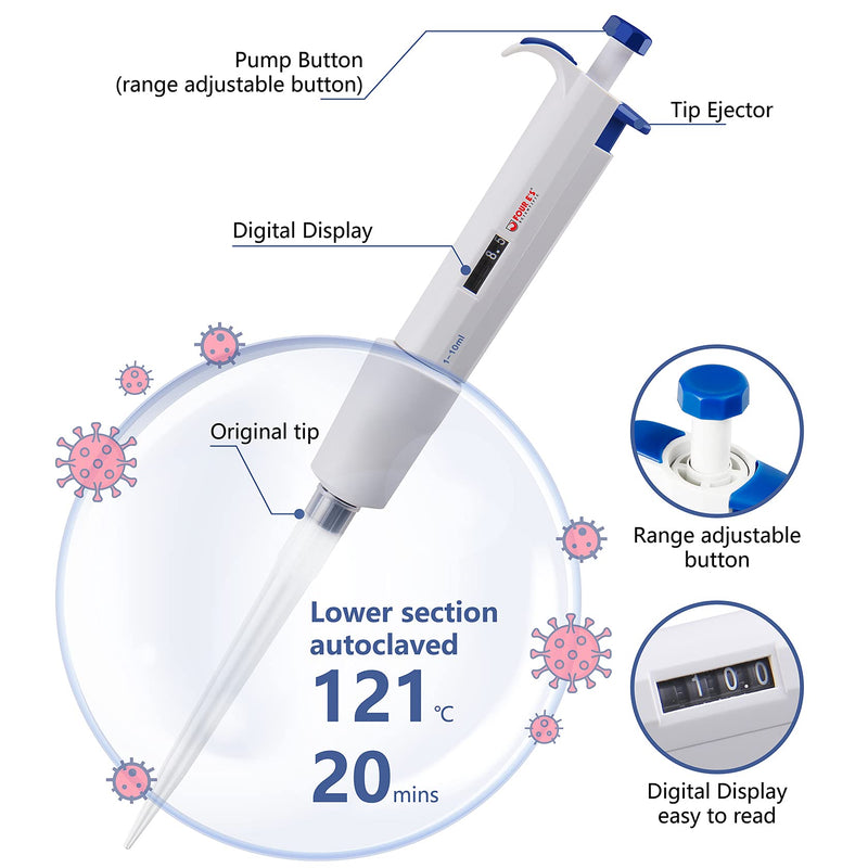 FOUR E'S SCIENTIFIC 1-10ML Pipettor with 100pcs 10ml Pipette Tips