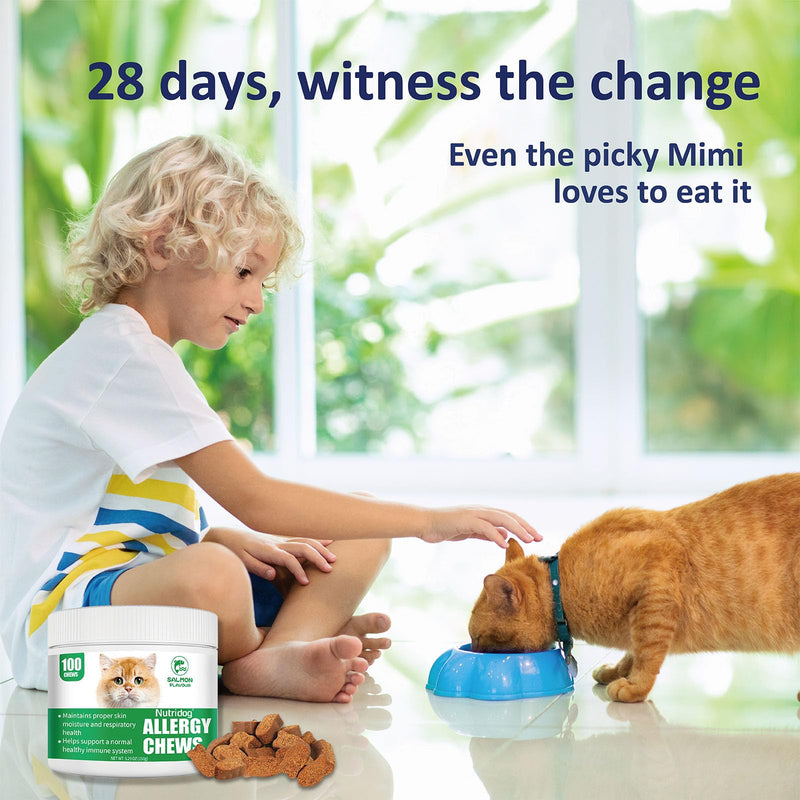 Cat Allergy Relief Chews for Seasonal Allergies - Itchy Skin, Sneezing & Paw Licking Remedy with Colostrum, Probiotics 300M CFU & Omega 3, Salmon Flavor Soft Chews, 100 Count Salomn